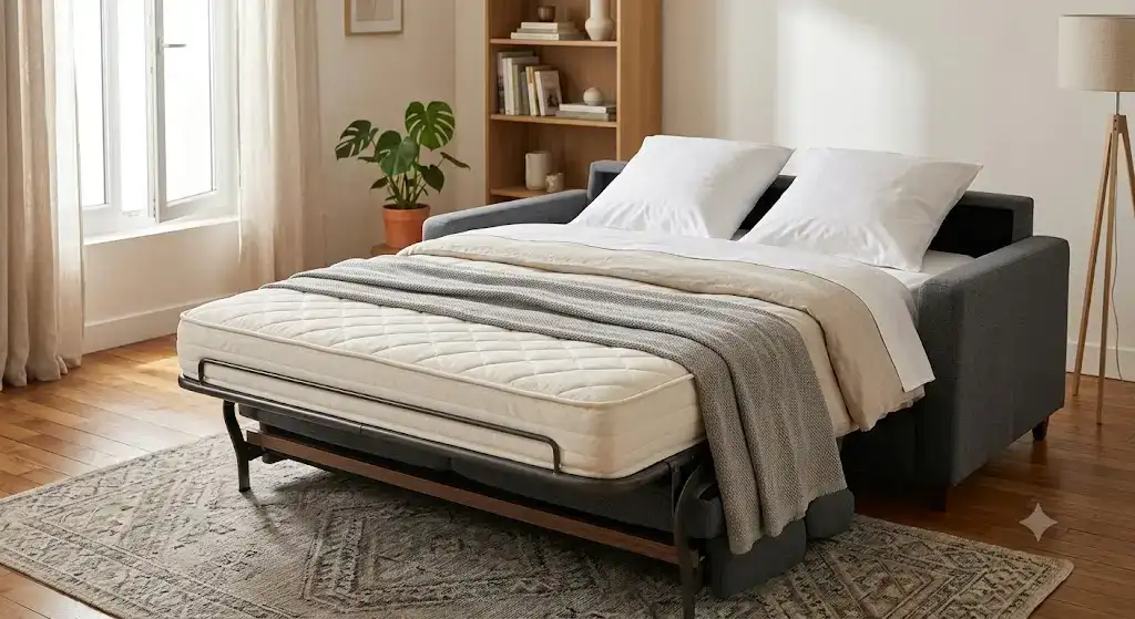 Canapé lit express ouvert dévoilant un matelas épais et confortable pour un couchage quotidien dans un salon