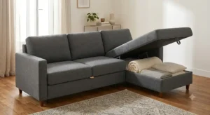 Canapé lit express d'angle avec coffre de rangement intégré idéal pour optimiser l'espace dans un petit appartement