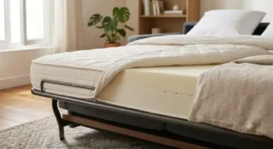 Gros plan sur l'épaisseur et la densité du matelas mémoire de forme d'un canapé lit express haut de gamme