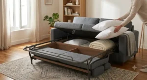 Rangement des oreillers et de la couette dans le coffre intégré sous l'assise d'un canapé lit express