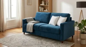 Canapé lit express 3 places revêtu d'un velours bleu canard élégant dans une décoration d'intérieur contemporaine