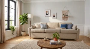 Aménagement de salon cosy avec un canapé 3 places pas cher en tissu beige