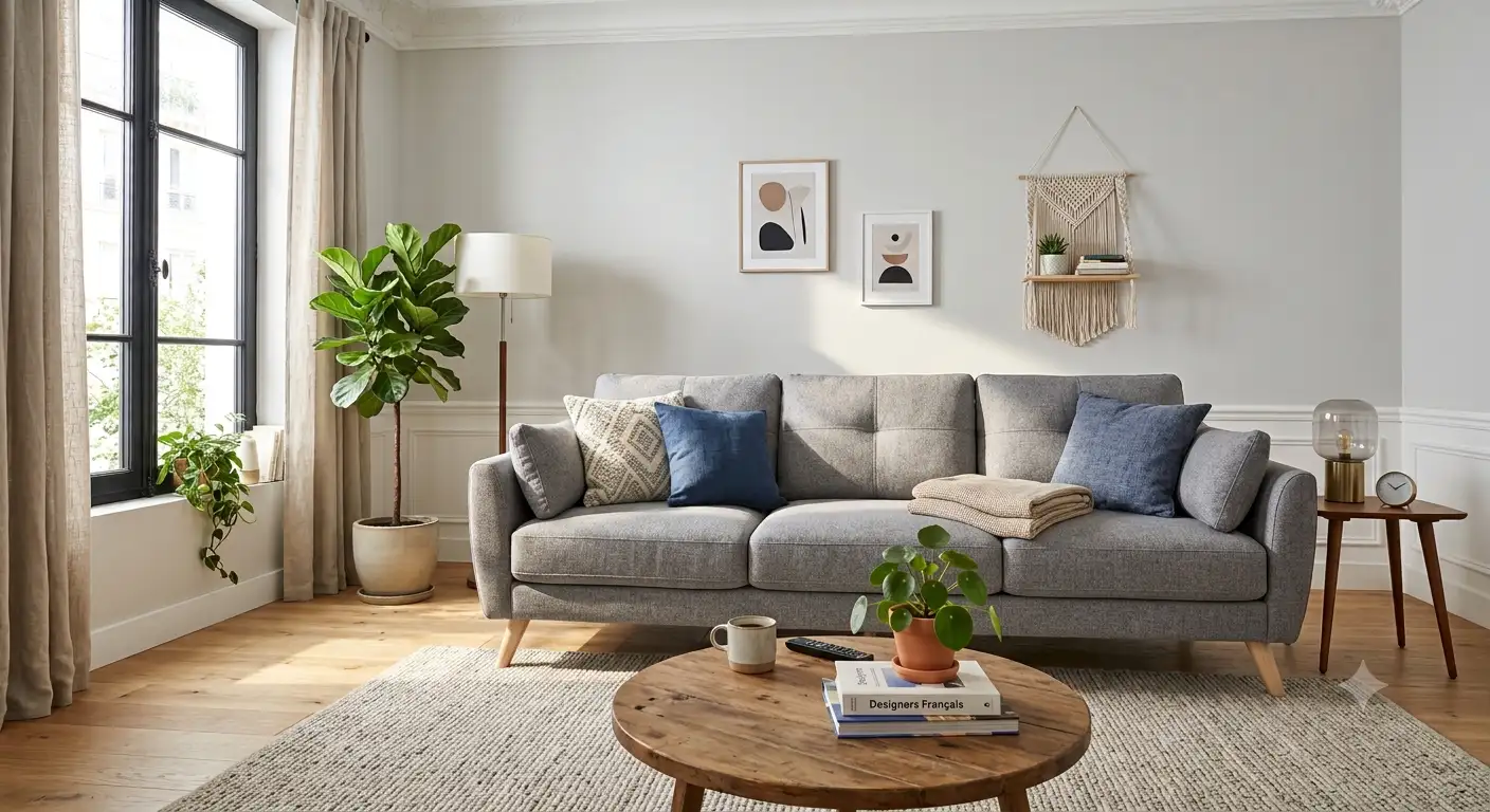 Canapé 3 places pas cher en tissu gris installé dans un salon moderne lumineux
