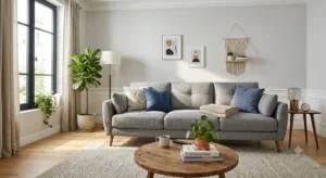 Canapé 3 places pas cher style scandinave avec pieds en bois clair