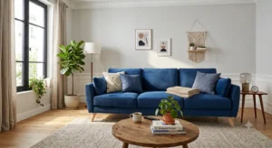 Canapé 3 places en velours bleu élégant disponible à petit prix