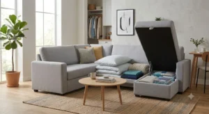 Canapé d'angle convertible avec coffre de rangement intégré sous la méridienne