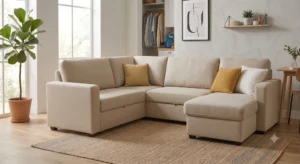 Canapé d'angle convertible en tissu beige élégant et économique pour le salon
