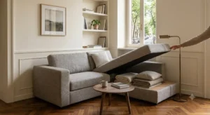 Divano ad angolo con vano contenitore integrato per riporre coperte e cuscini