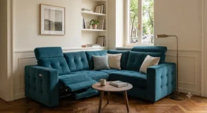 Divano ad angolo con meccanismo relax elettrico e poggiatesta regolabili
