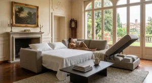 Divano ad angolo letto estraibile con penisola contenitore aperto in posizione relax