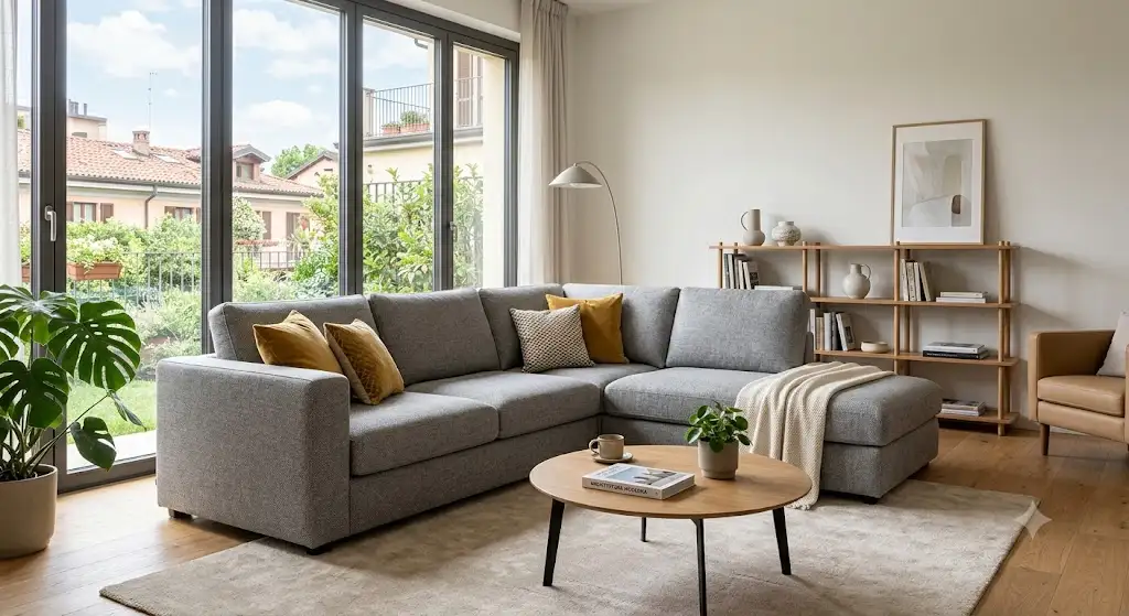 Divano ad angolo moderno in tessuto grigio posizionato in un soggiorno luminoso