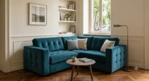 Divano ad angolo in velluto blu ottanio con cuscini coordinati in una stanza moderna