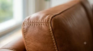 Dettaglio delle cuciture artigianali e della texture di un divano in pelle Made in Italy.