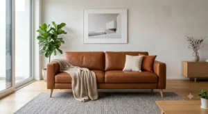 Divano in pelle color cognac con piedini in legno naturale in una stanza dallo stile minimalista.