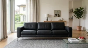 Divano in pelle nera a tre posti con piedini in metallo all'interno di un ambiente living raffinato.