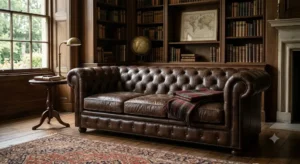 Classico divano in pelle capitonnè stile Chesterfield marrone scuro per un arredamento vintage.