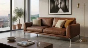 Elegante divano in pelle marrone di design italiano per un salotto raffinato