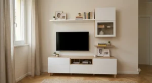 Mobile TV in legno per soggiorno sotto 500 euro con passacavi e ripiani aperti