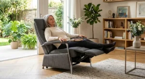 Poltrona relax moderna con sistema di reclinazione manuale e poggiapiedi estraibile 

