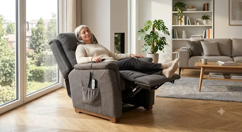 Poltrona relax reclinabile elettrica in tessuto grigio posizionata in un soggiorno moderno