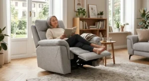Poltrona relax rivestita in tessuto sfoderabile e lavabile in tonalita grigio chiaro