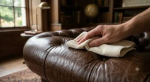 Operazione di pulizia e manutenzione periodica della superficie di un divano in pelle con panno morbido.