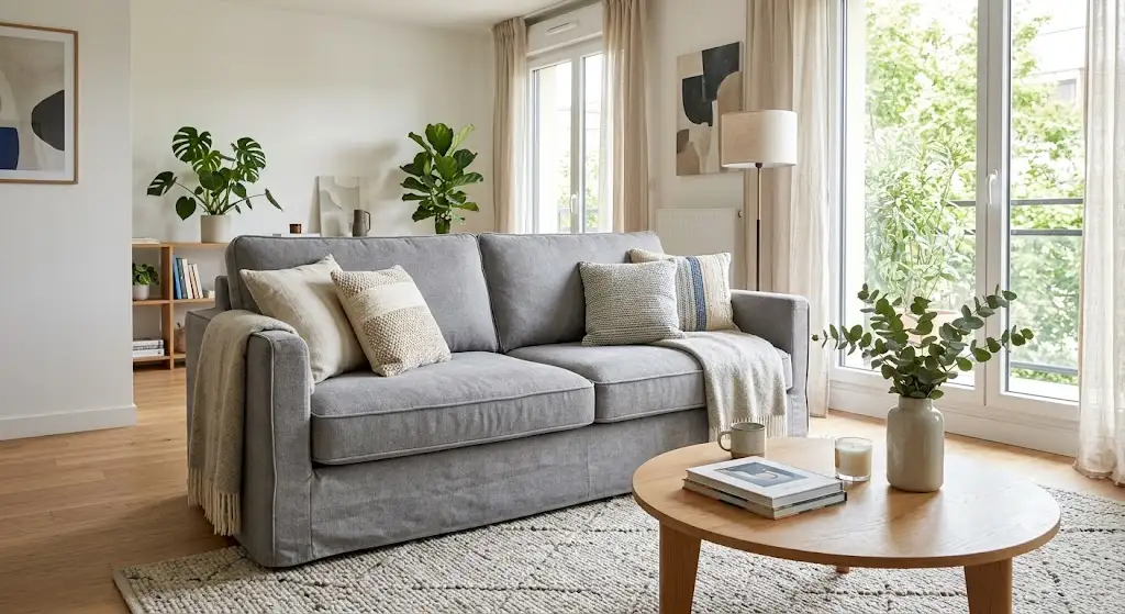 canapé tissu déhoussable gris installé dans un salon moderne et lumineux.