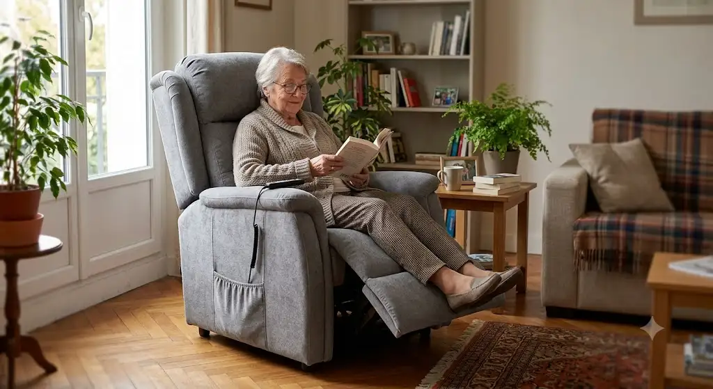 Fauteuil relax releveur électrique 1 moteur en tissu gris pour personne âgée