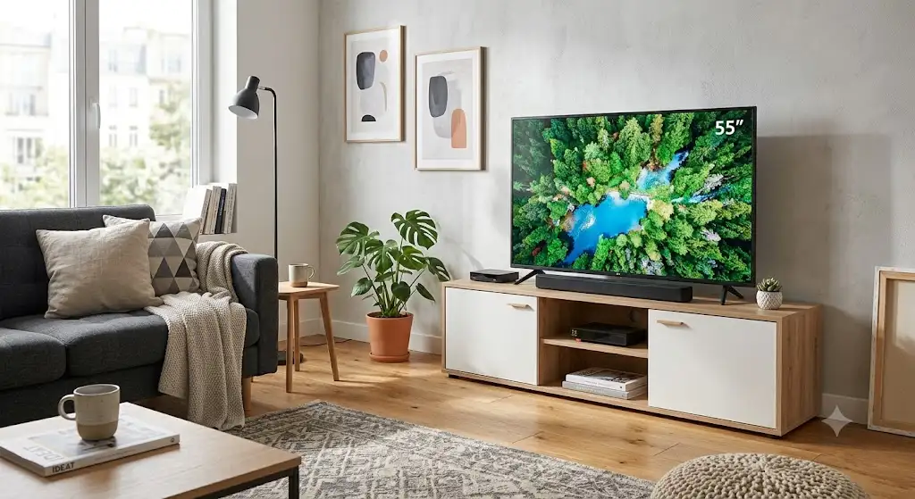 Meuble TV bas pas cher au design moderne dans un salon contemporain