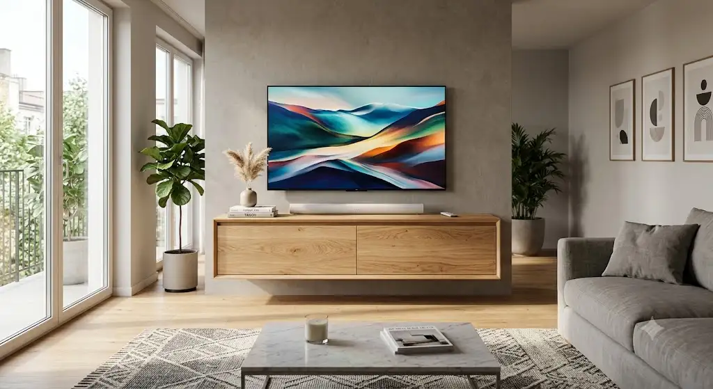 Meuble TV suspendu moderne en bois massif installé dans un salon contemporain.