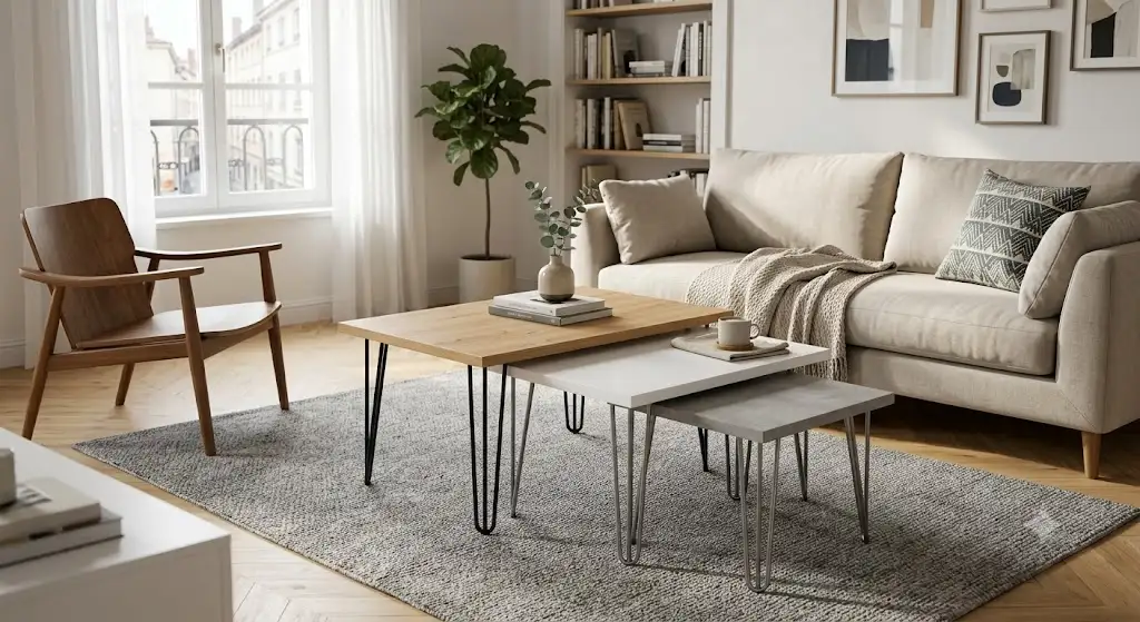 Ensemble de table basse gigogne pas cher au design moderne disposées dans un salon lumineux