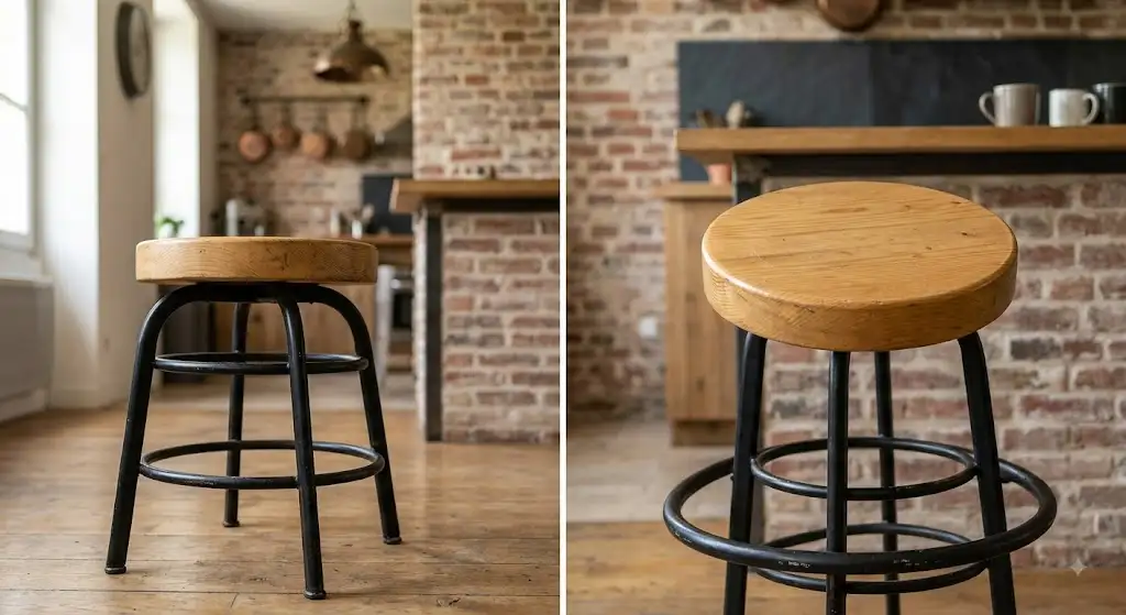 Illustration d'un tabouret de bar pas cher de style industriel en métal noir et assise en bois clair.