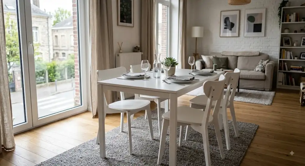 ensemble table chaises moins de 300 euros, idéal pour aménager un espace repas élégant à petit prix.