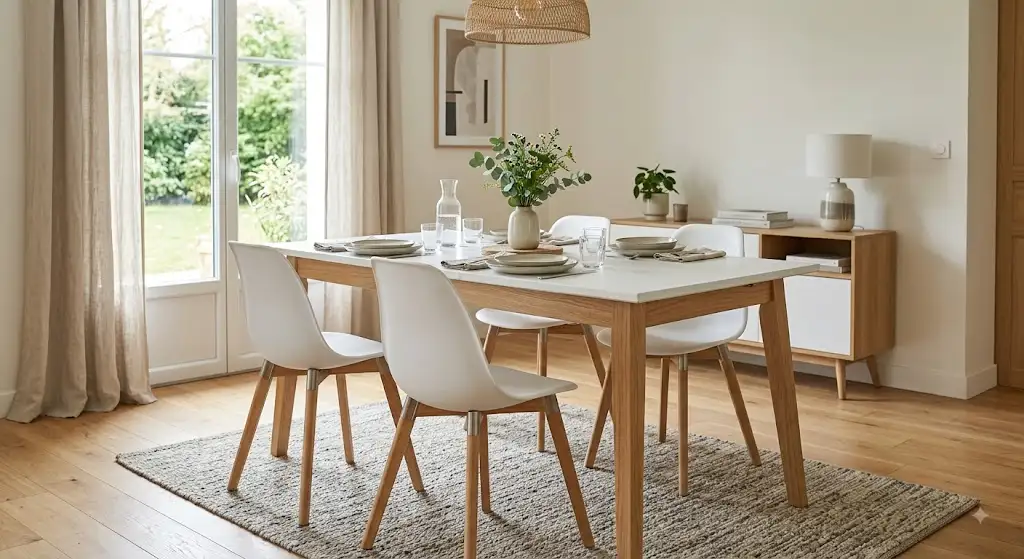 Ensemble table et chaises scandinave en bois blanc et chêne pour salle à manger à moins de 600 euros. ensemble table chaises moins de 600 euros