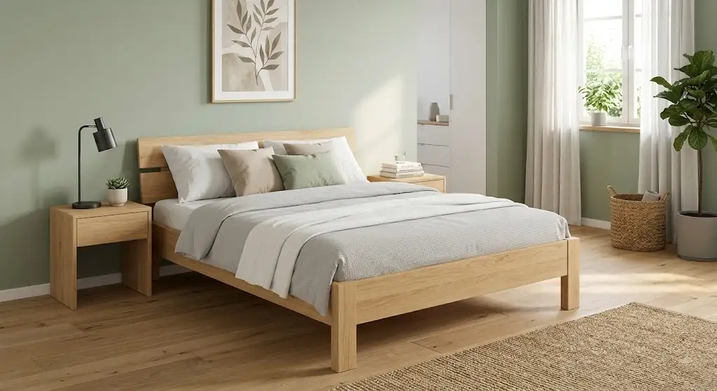 Cadre de lit 140x190 pas cher en bois clair installé dans une chambre adulte moderne