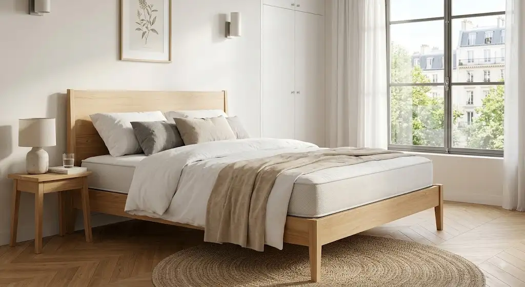 Lit 160x200 pas cher complet avec sommier et matelas confort dans une chambre moderne
