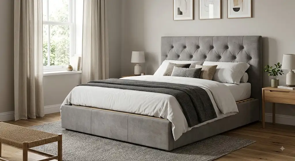 Lit coffre pas cher deux places avec tête de lit capitonnée dans une chambre adulte moderne