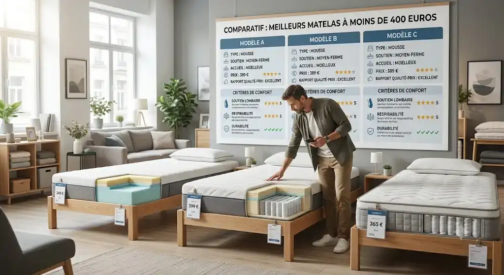 Comparatif visuel des meilleur matelas moins de 400 euros avec critères de confort et rapport qualité-prix.