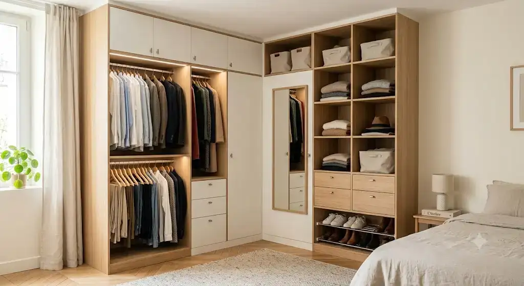 Aménagement d'un dressing d'angle sur mesure pour optimiser l'espace dans une petite chambre (dressing petite chambre)