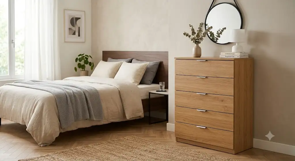 Commode 5 tiroirs pas cher en bois clair installée dans une chambre d'adulte moderne