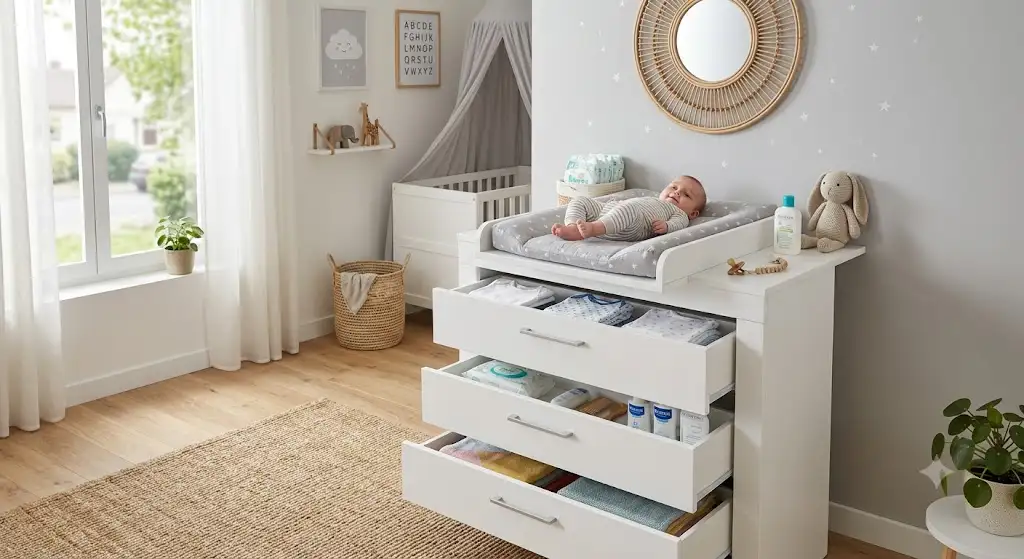 Commode à langer pas cher blanche au design moderne avec trois grands tiroirs de rangement pour la chambre de bébé.