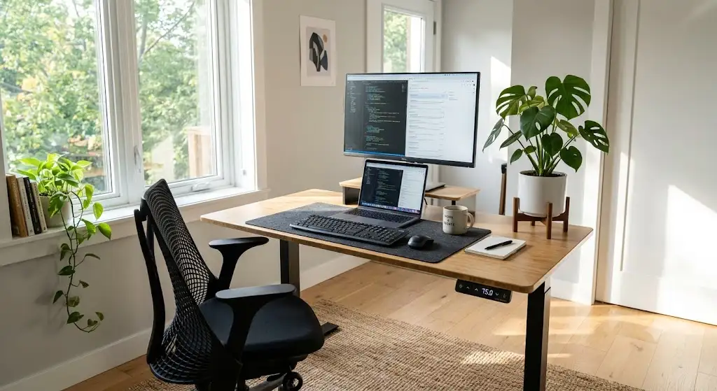 Bureau assis debout électrique pas cher installé dans un espace de télétravail moderne et lumineux
