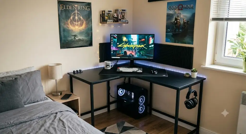 Un bureau gaming pas cher et compact parfaitement aménagé dans l'angle d'une petite chambre.