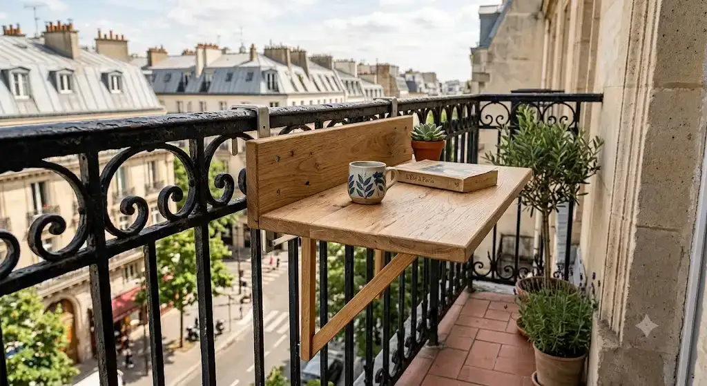 Table suspendue pliante en bois fixée sur la rambarde d'un petit balcon mobilier balcon sur rambarde