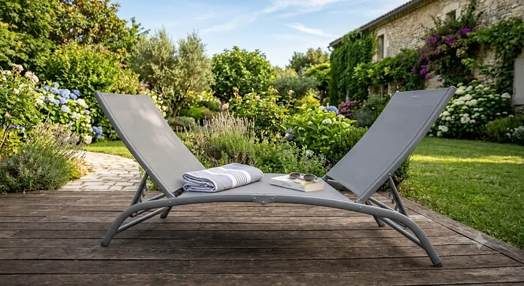 Bain de soleil pas cher inclinable installé sur une terrasse en bois au bord du jardin.