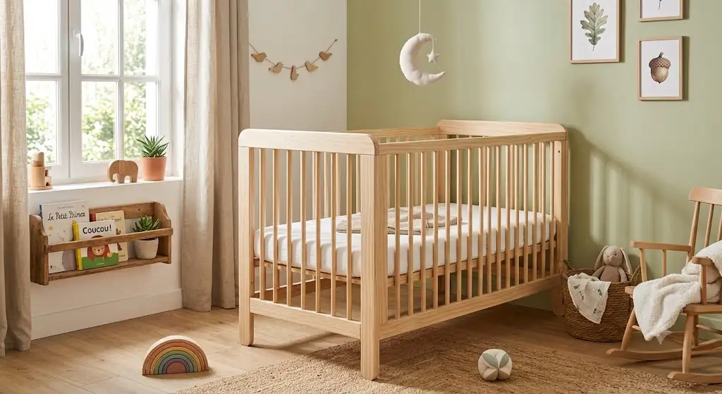 Lit bébé à barreaux pas cher en bois naturel dans une chambre d'enfant lumineuse