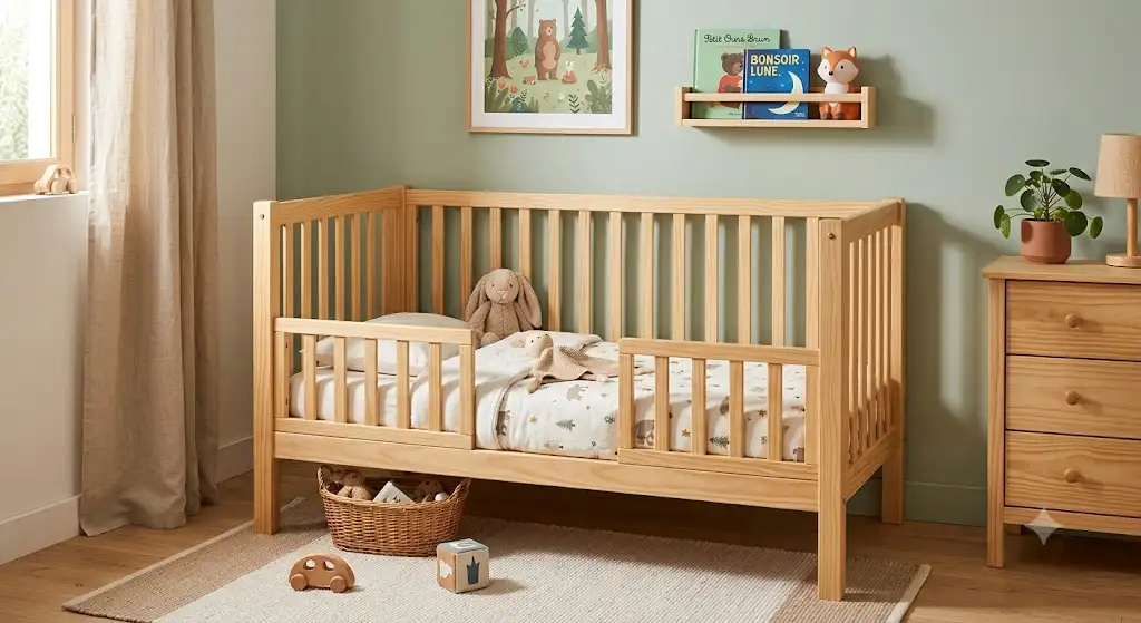 Lit évolutif pas cher en bois naturel pour chambre d'enfant avec barrières amovibles