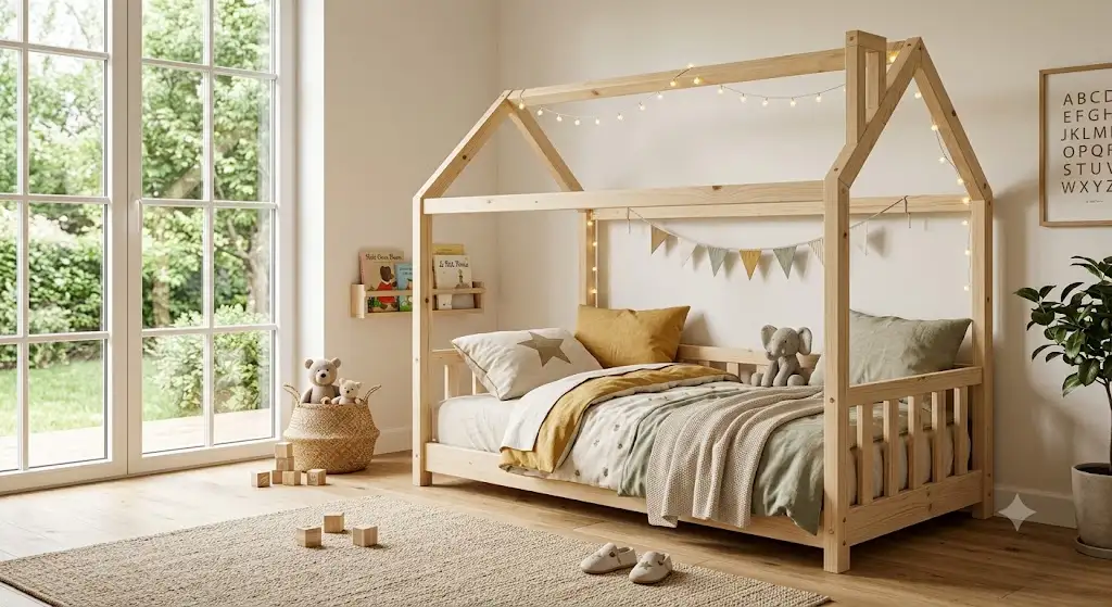 Lit cabane enfant pas cher en bois naturel style scandinave pour chambre de fille ou garçon