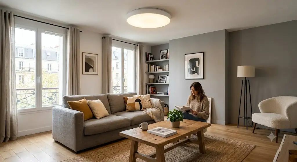 Plafonnier LED pas cher au design moderne illumine un salon contemporain