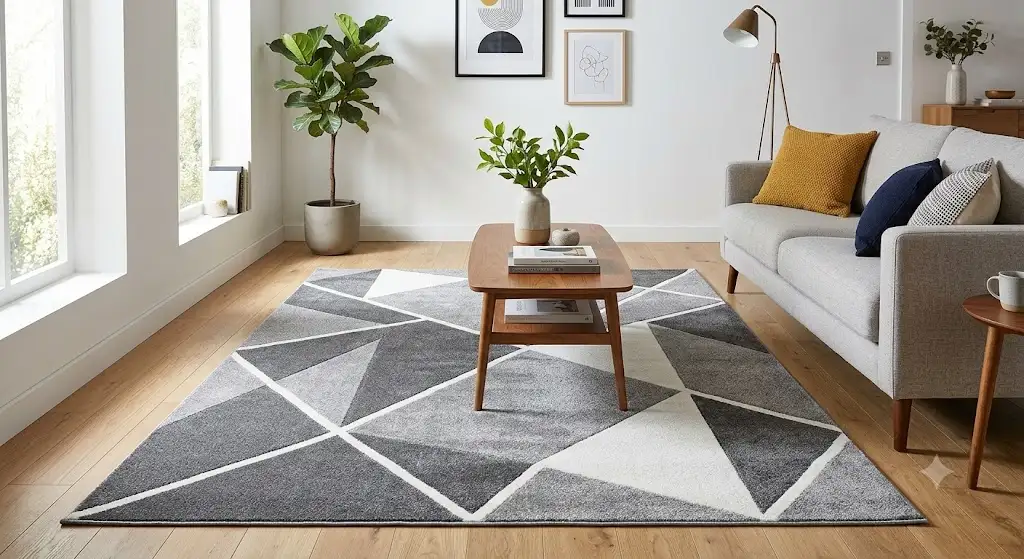 Tapis de salon pas cher aux motifs géométriques gris et blanc dans un séjour moderne et lumineux